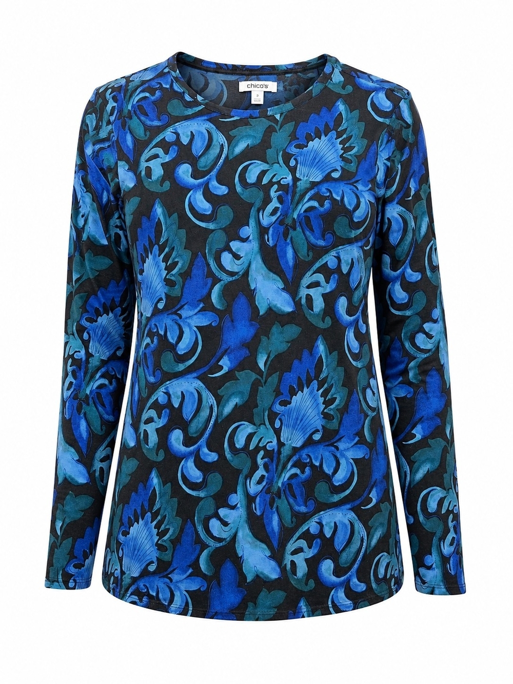 CHICO'S | Blue Teal Midnight Floral Rayon Stretch Long Sleeve Crew Neck Top | XL